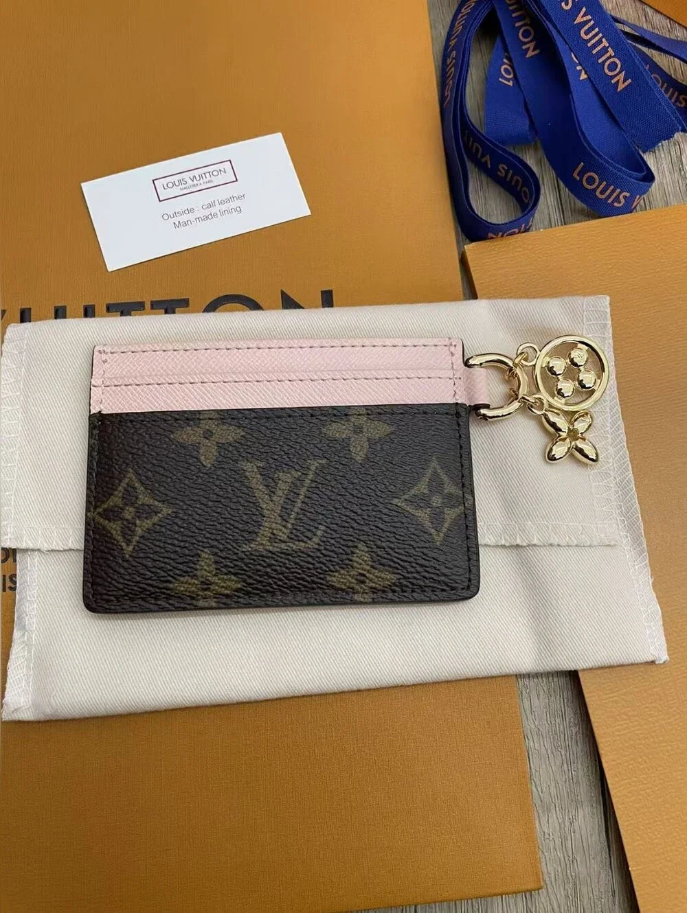 Louis Vuitton Monogram Card Holder with Pink Trim and Gold Charm Keyring